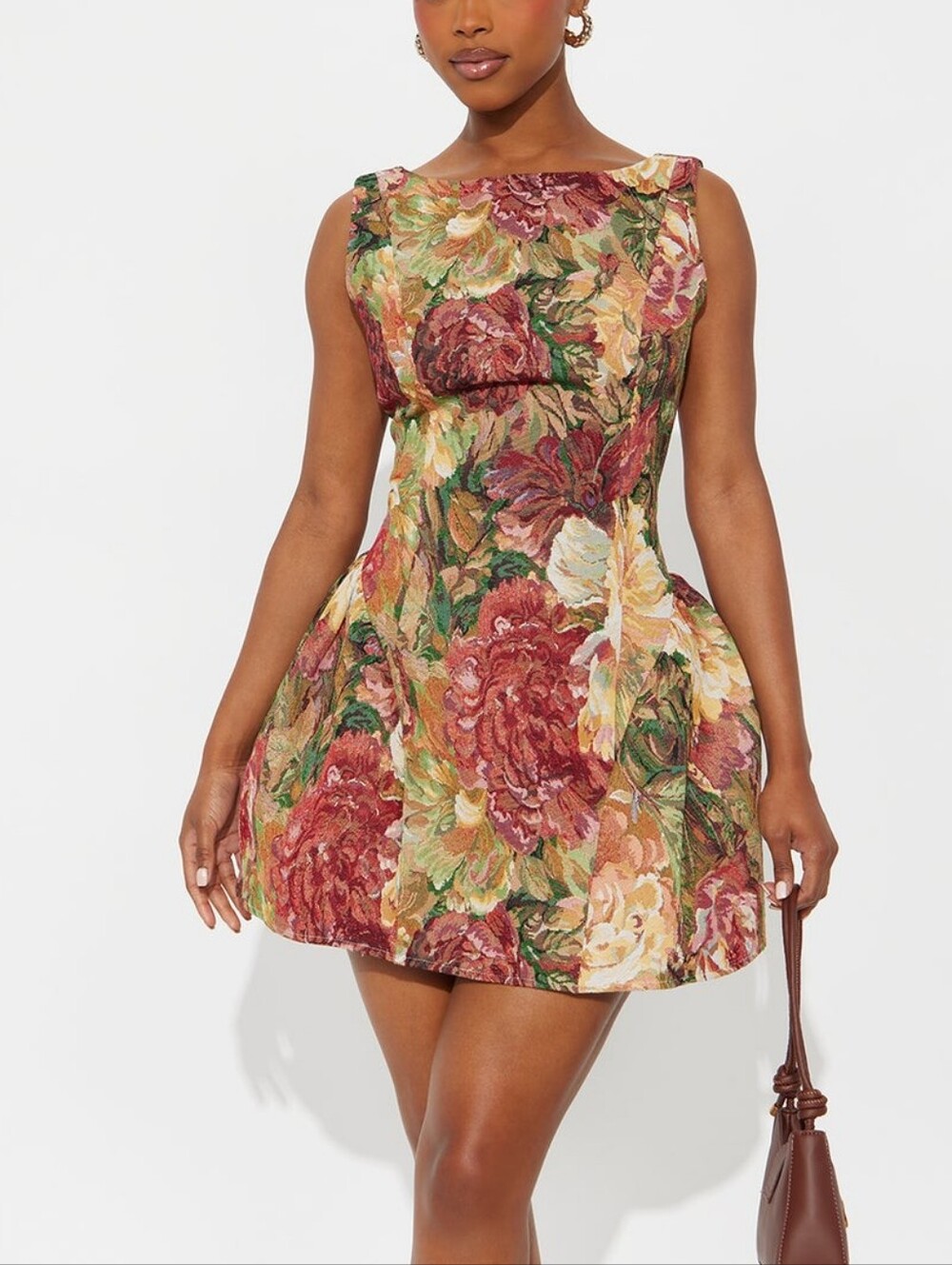 Short A-line cocktail minidress with a bright floral print reminiscent of classi